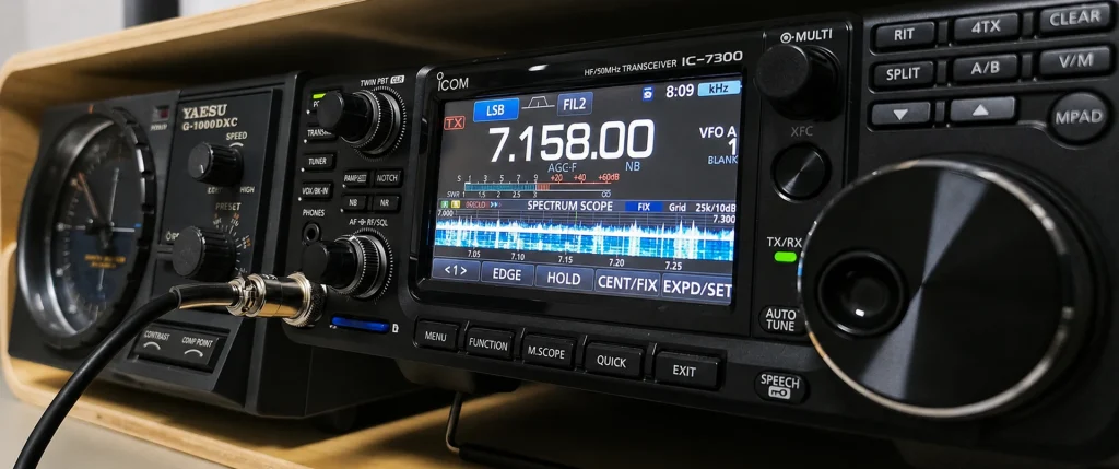 Icom IC 7300 Kurzwellentransceiver in Betrieb von der Seite rechts fotografiert