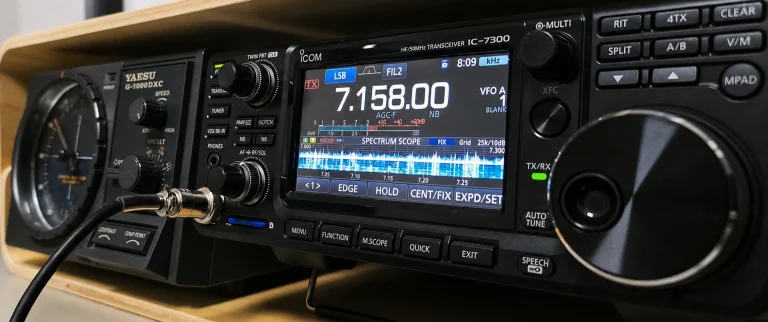 Icom IC 7300 Kurzwellentransceiver in Betrieb von der Seite rechts fotografiert