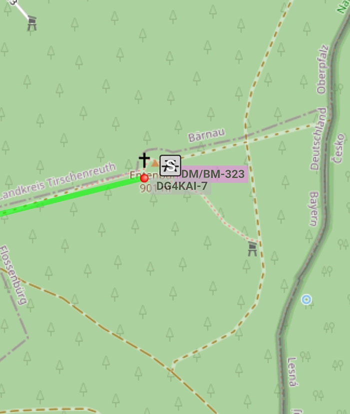 APRS KArtenausschnitt welcher DG4KAI/P auf dem Entbühl SOTA DM/BM-323 zeigt.