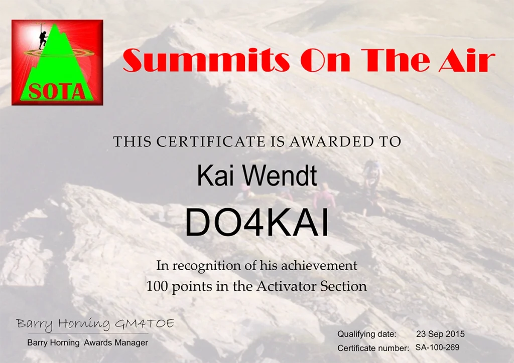 SOTA Activator 100 Diplom für DG4KAI
