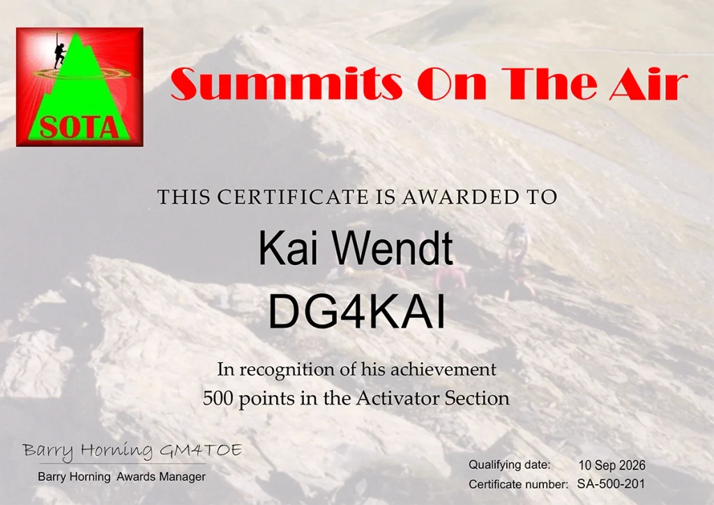 SOTA Activator 500 Diplom für DG4KAI