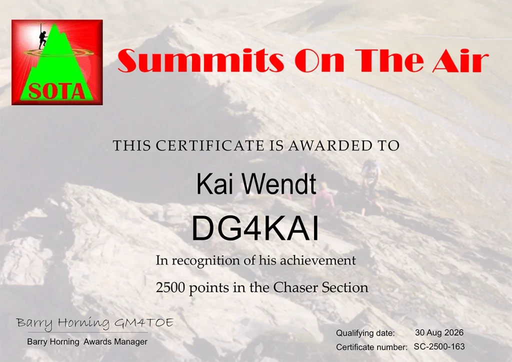 SOTA Chaser 2500 Diplom für DG4KAI