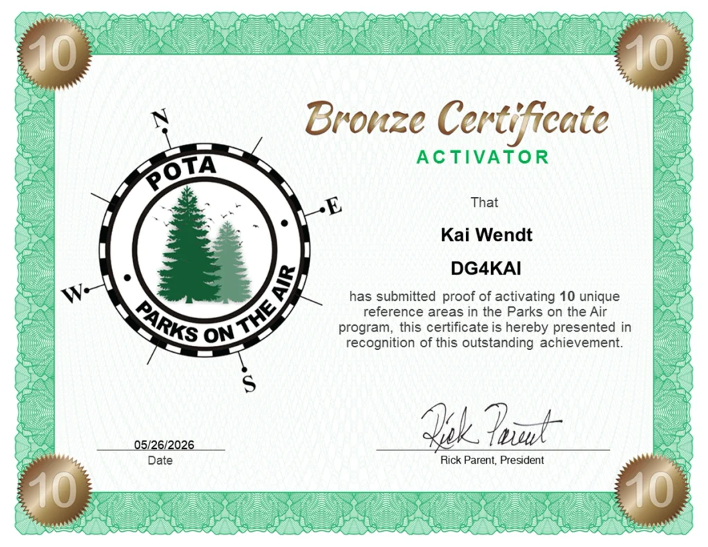 DG4KAI POTA Activator Diplom in Stufe Bronze