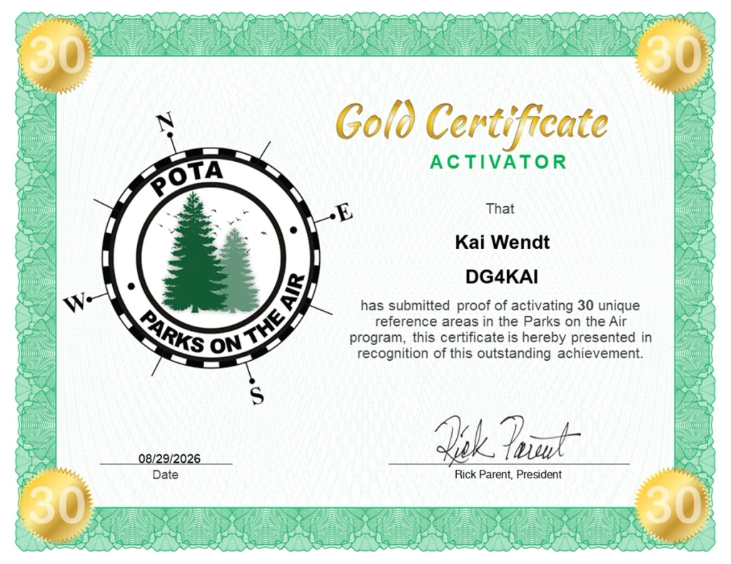 DG4KAI POTA Activator Diplom in Stufe Gold