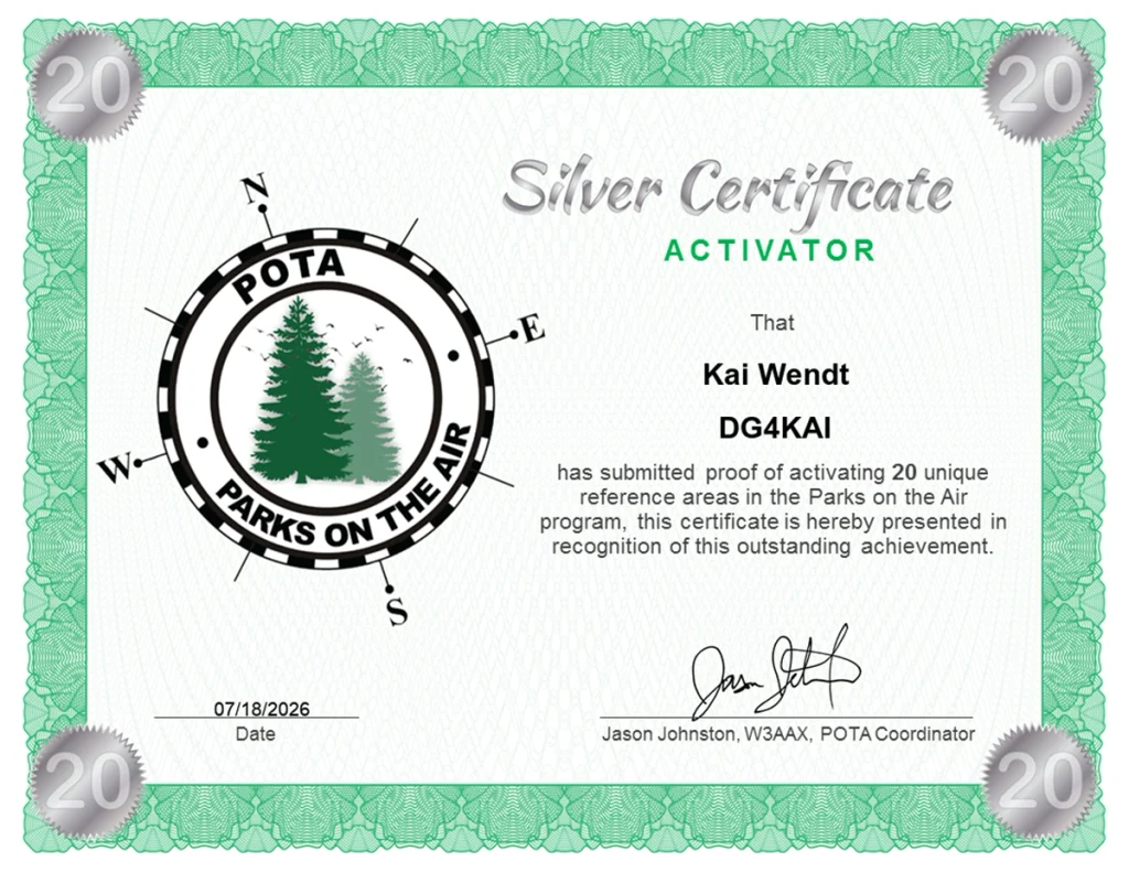 DG4KAI POTA Activator Diplom in Stufe Silber