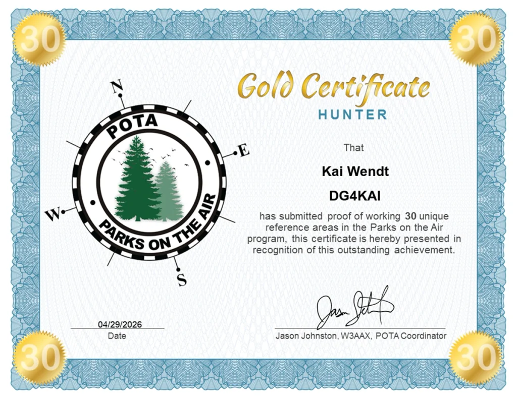 DG4KAI Hunter Diplom gold Pota Programm