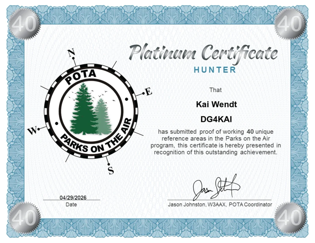 DG4KAI Hunter Diplom Platinum Pota Programm