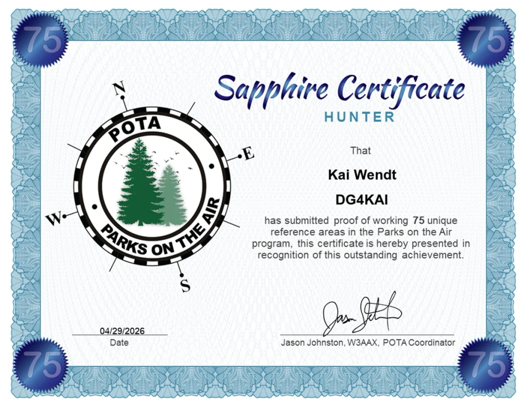 DG4KAI Hunter Diplom Sapphire Pota Programm