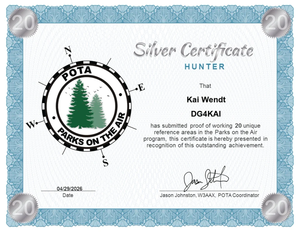 DG4KAI Hunter Diplom silber Pota Programm