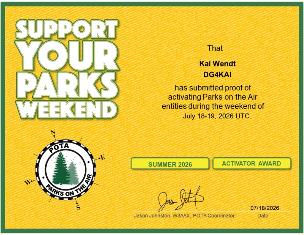 DG4KAI POTA Support your Parks Diplom als Activator