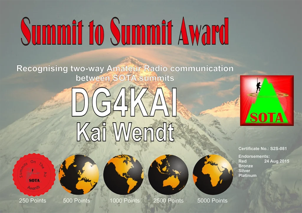 Summit to summit Diplom Stufe 250 für DG4KAI