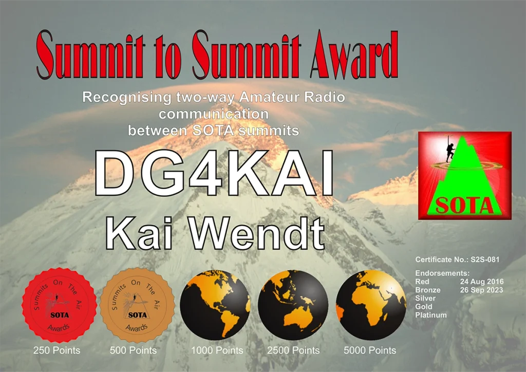 Summit to summit Diplom Stufe 500 für DG4KAI