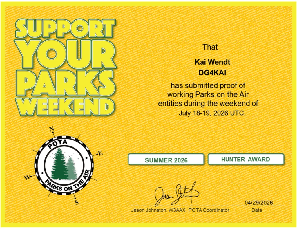 DG4KAI POTA Support your Parks Diplom als Hunter