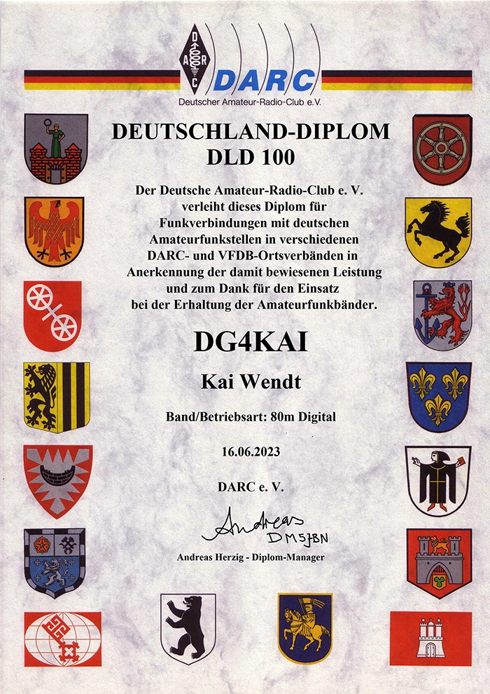 DLD100 Diplom 80m Band DG4KAI