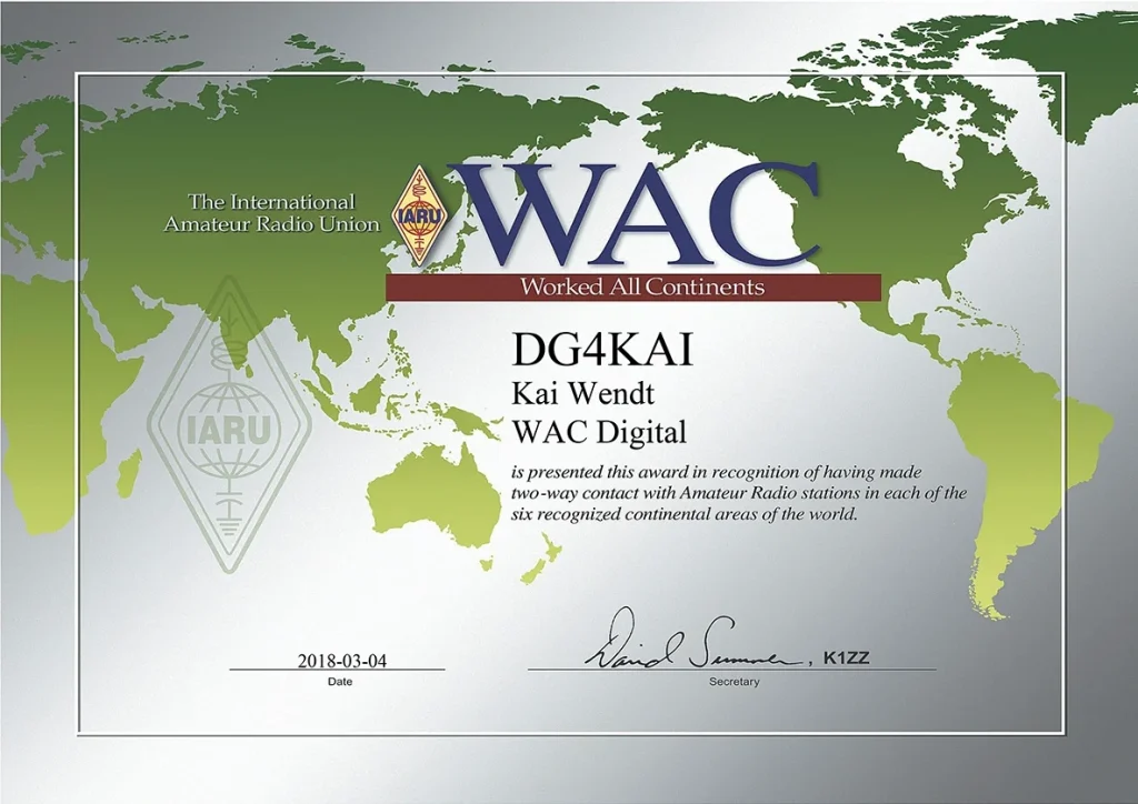 WAC Worked all Continentes Diplom für DG4KAI