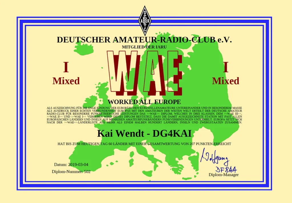 WAE Worked All Europe Diplom Stufe 1 für DG4KAI