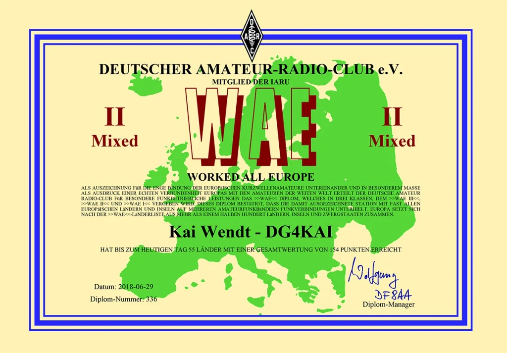 WAE Worked All Europe Diplom Stufe 2 für DG4KAI