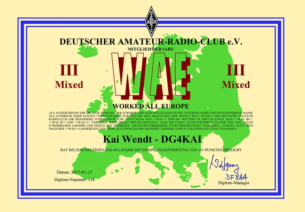 WAE Worked All Europe Diplom Stufe 3 für DG4KAI