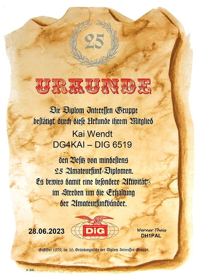 DIG Urkunde 25 Diplome DG4KAI