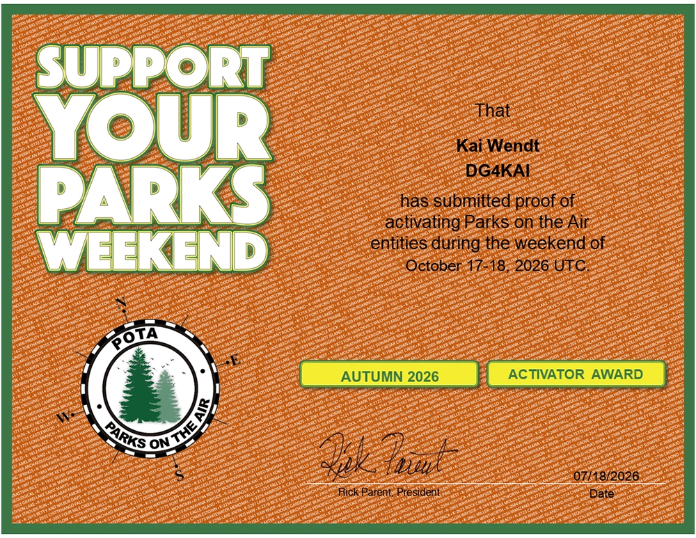 Support Your Parks Diplom POTA Aktivierer Herbst 2026 DG4KAI