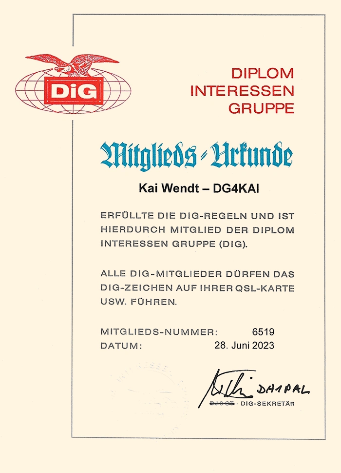 Mitgliedsurkunde DIG Diplom Interessen Gruppe DG4KAI