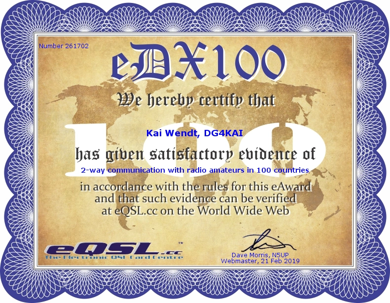 eDX100 Diplom eQSL DG4KAI