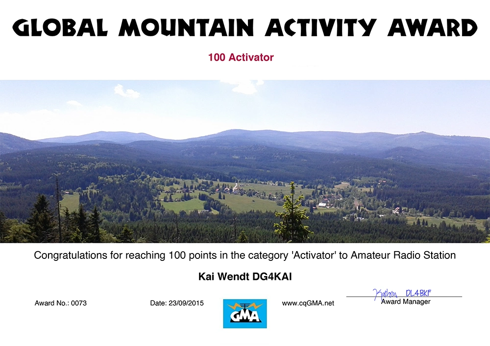 GMA 100 Global Mountain Activity Aktivierer Diplom DG4KAI