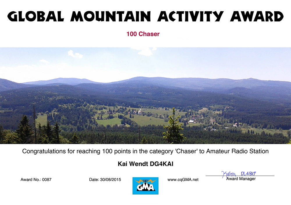 GMA 100 Global Mountain Activity Chaser Diplom DG4KAI