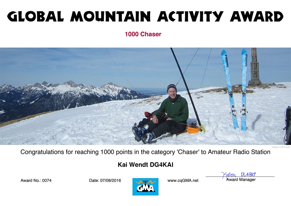 GMA 1000 Global Mountain Activity Chaser Diplom DG4KAI