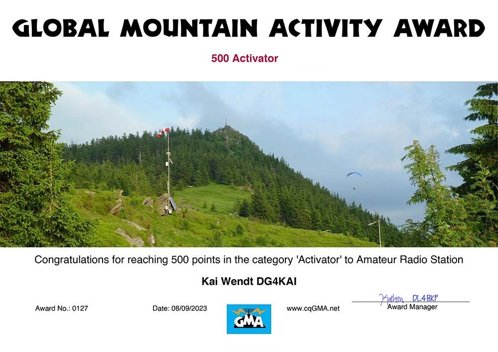 GMA 500 Global Mountain Activity Aktivierer Diplom DG4KAI