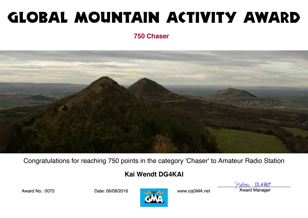 GMA 750 Global Mountain Activity Chaser Diplom DG4KAI