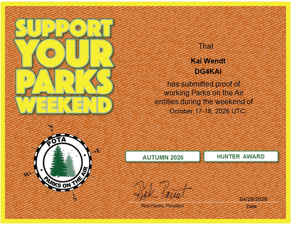 Support Your Parks Diplom POTA Hunter Herbst 2026 DG4KAI
